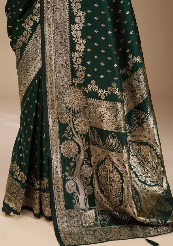 Bottle_Green_Silk_Buti_Gold_Stonework_Saree_With_Matching_Blouse_Piece
