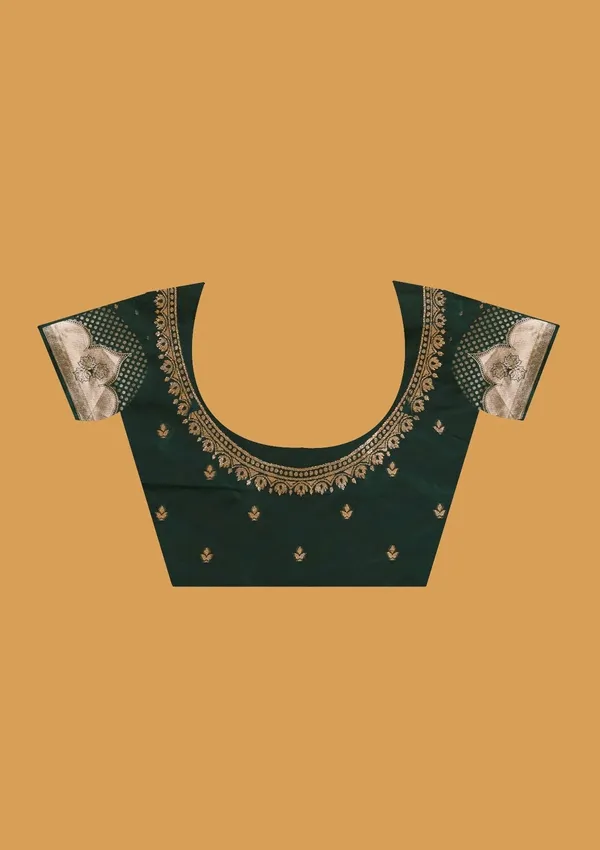 Bottle_Green_Silk_Buti_Gold_Stonework_Saree_With_Matching_Blouse_Piece