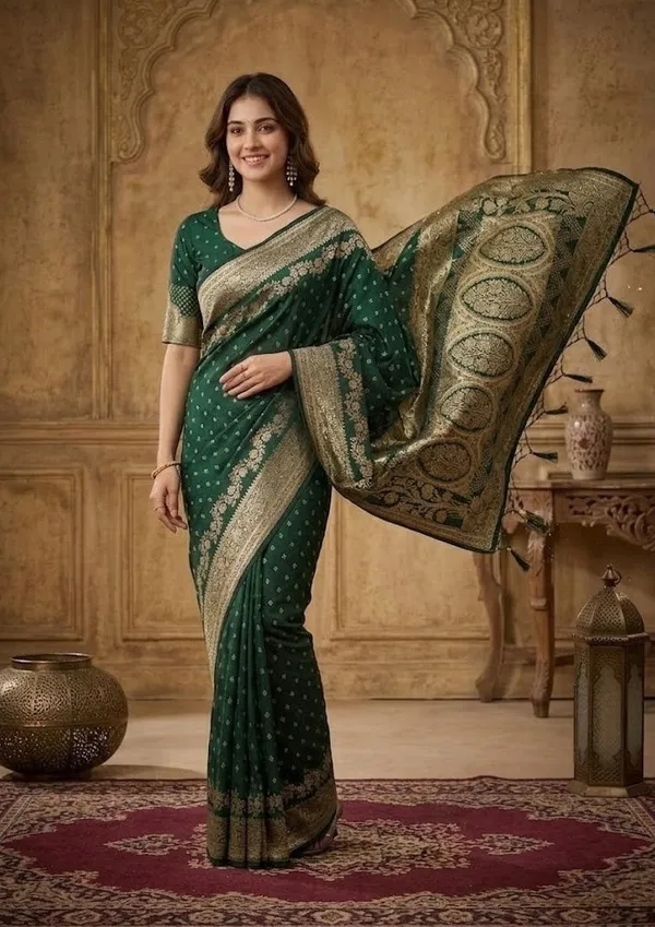 Bottle_Green_Silk_Buti_Gold_Stonework_Saree_With_Matching_Blouse_Piece