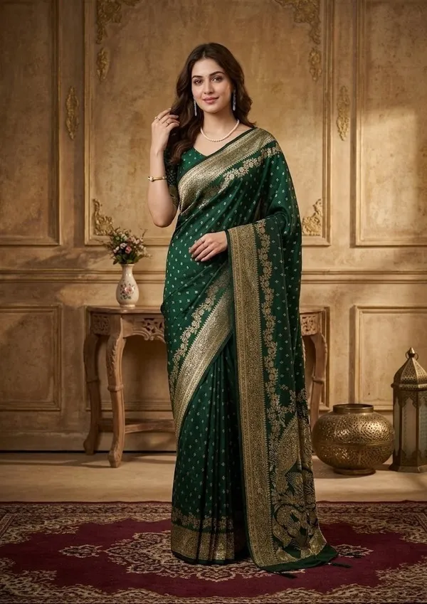 Bottle_Green_Silk_Buti_Gold_Stonework_Saree_With_Matching_Blouse_Piece