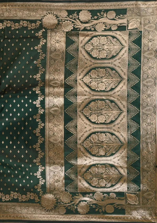 Bottle_Green_Silk_Buti_Gold_Stonework_Saree_With_Matching_Blouse_Piece