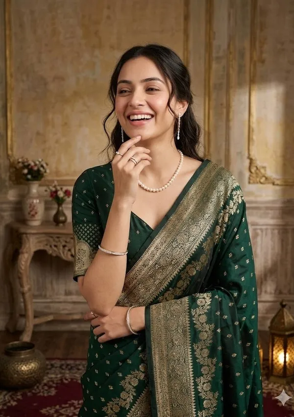 Bottle_Green_Silk_Buti_Gold_Stonework_Saree_With_Matching_Blouse_Piece