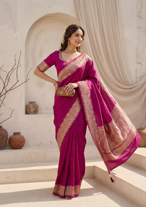 Wine_Silk_Banarasi_Gold_Stonework_Saree_With_Matching_Blouse_Piece