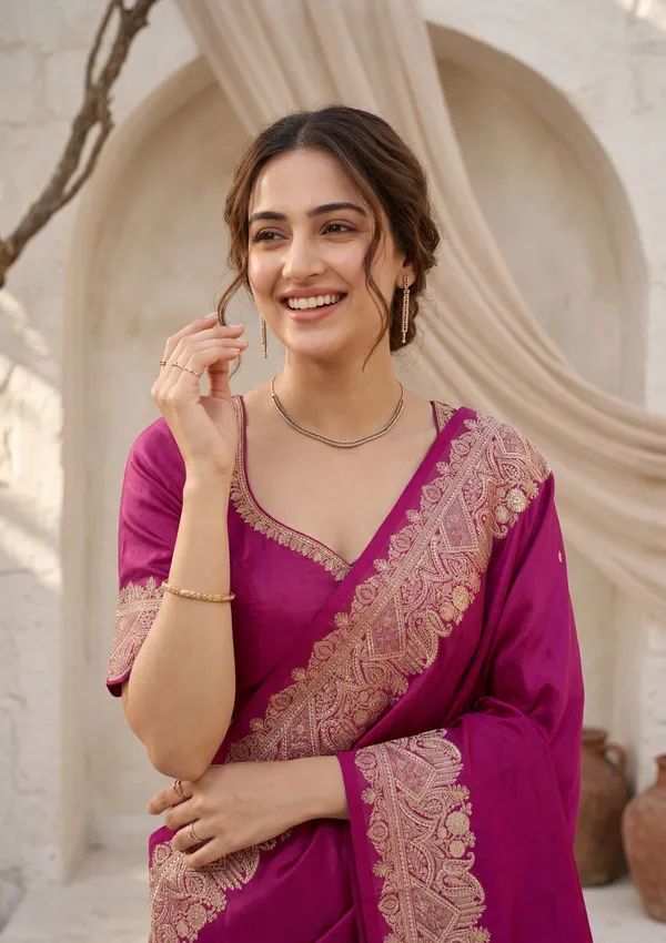 Wine_Silk_Banarasi_Gold_Stonework_Saree_With_Matching_Blouse_Piece