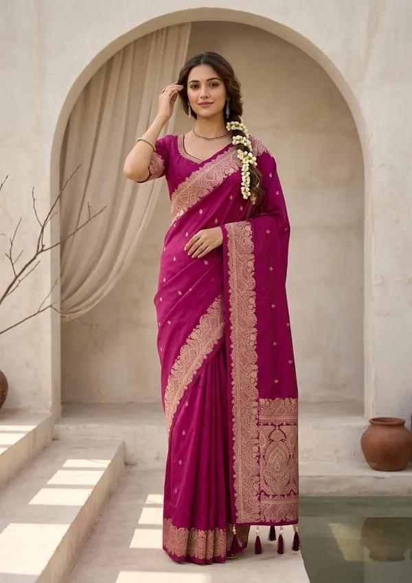 Wine_Silk_Banarasi_Gold_Stonework_Saree_With_Matching_Blouse_Piece