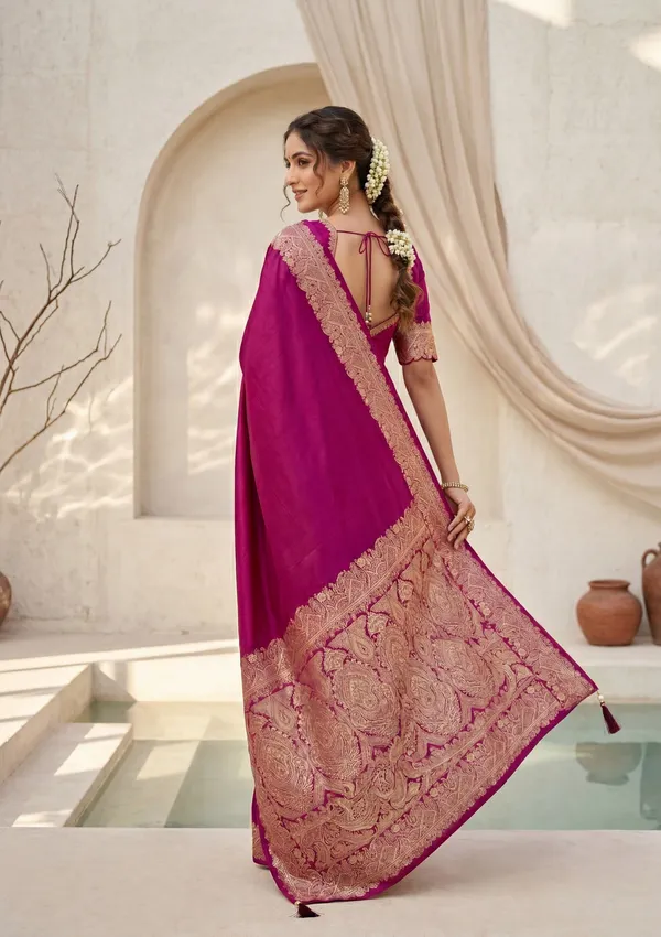 Wine_Silk_Banarasi_Gold_Stonework_Saree_With_Matching_Blouse_Piece
