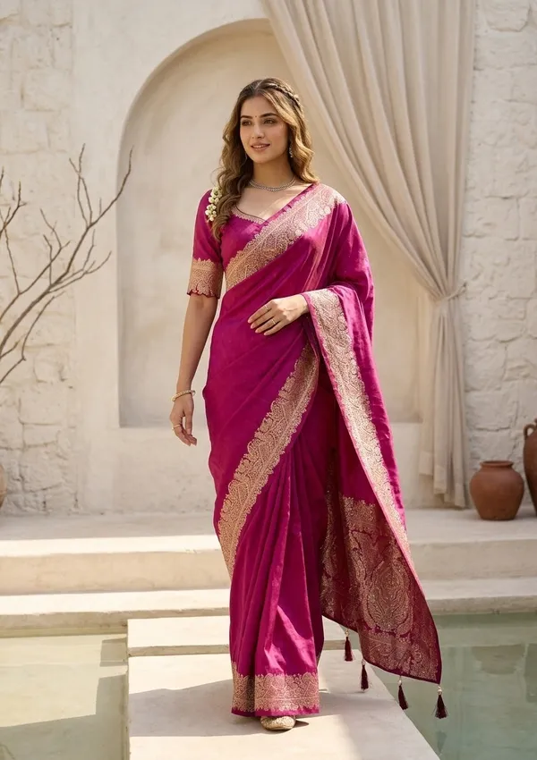 Wine_Silk_Banarasi_Gold_Stonework_Saree_With_Matching_Blouse_Piece