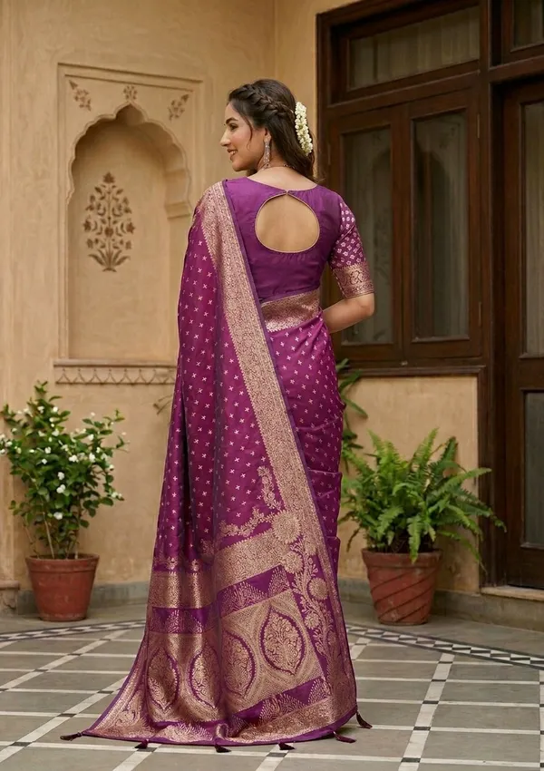 Purple_Silk_Buti_Gold_Stonework_Saree_With_Matching_Blouse_Piece