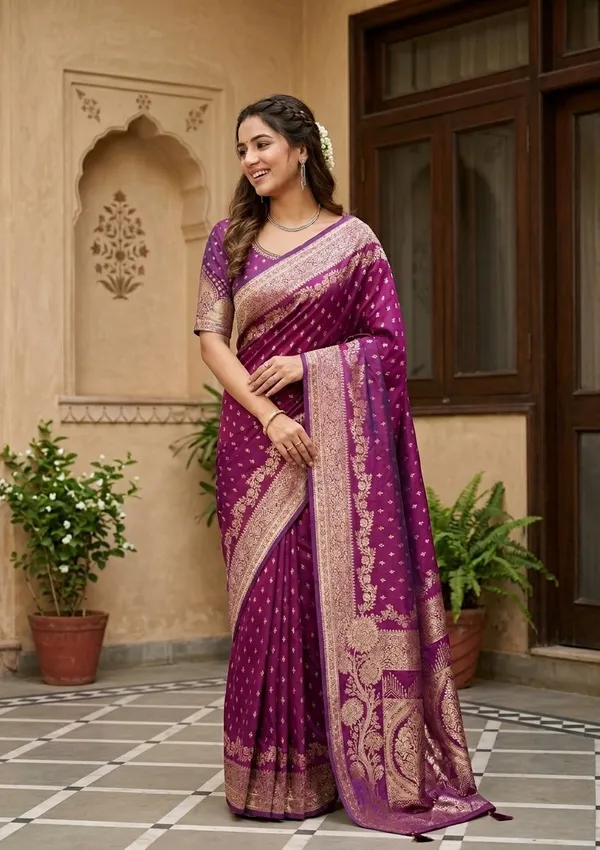 Purple_Silk_Buti_Gold_Stonework_Saree_With_Matching_Blouse_Piece