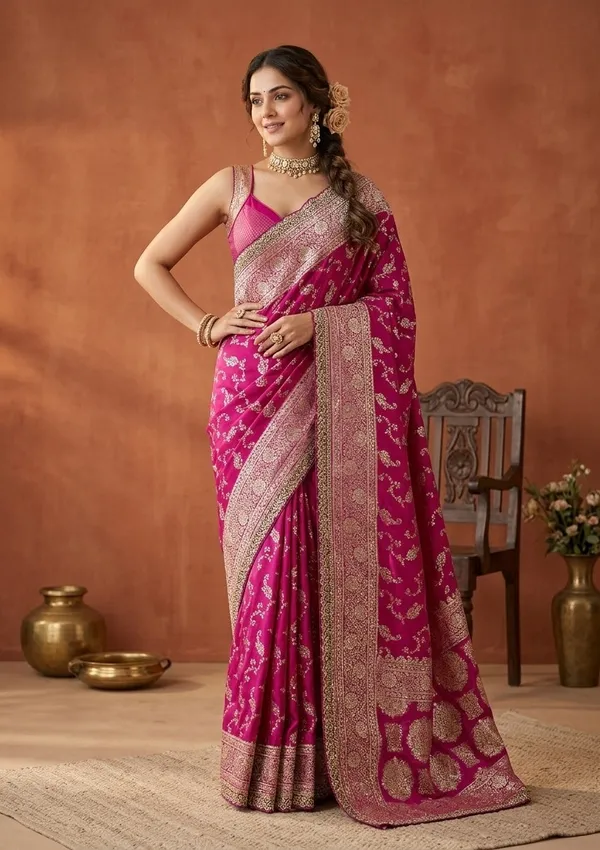 Wine_Silk_Banarasi_Gold_Stonework_Saree_With_Matching_Blouse_Piece