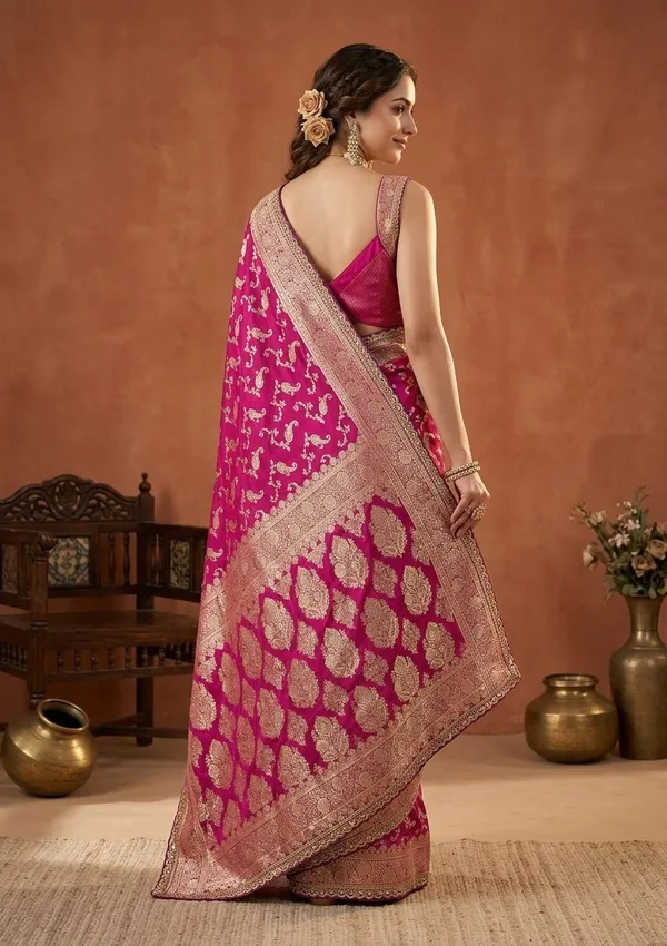 Wine_Silk_Banarasi_Gold_Stonework_Saree_With_Matching_Blouse_Piece