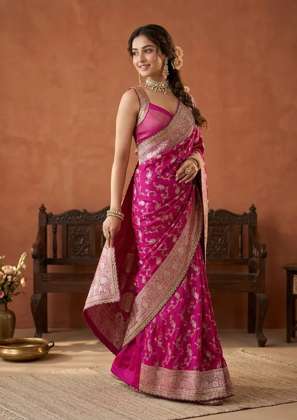 Wine_Silk_Banarasi_Gold_Stonework_Saree_With_Matching_Blouse_Piece