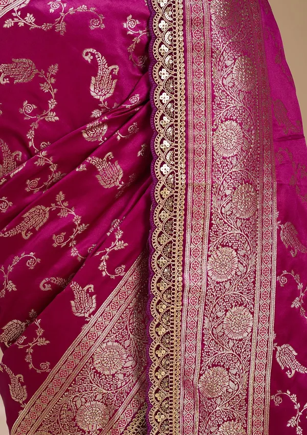 Wine_Silk_Banarasi_Gold_Stonework_Saree_With_Matching_Blouse_Piece