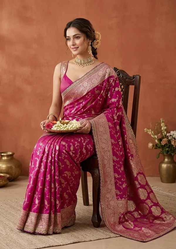 Wine_Silk_Banarasi_Gold_Stonework_Saree_With_Matching_Blouse_Piece