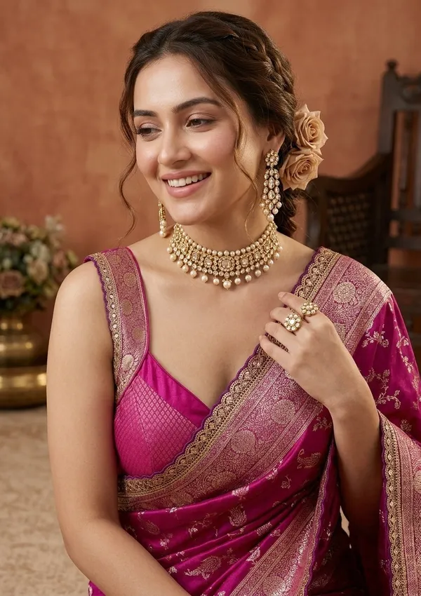 Wine_Silk_Banarasi_Gold_Stonework_Saree_With_Matching_Blouse_Piece