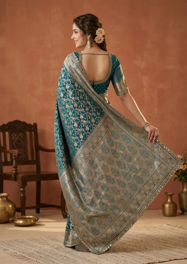 Peacock_Blue_Silk_Jaal_Sequins_Saree_With_Matching_Blouse_Piece