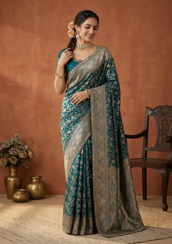 Peacock_Blue_Silk_Jaal_Sequins_Saree_With_Matching_Blouse_Piece