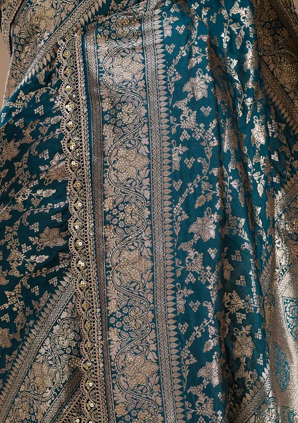 Peacock_Blue_Silk_Jaal_Sequins_Saree_With_Matching_Blouse_Piece
