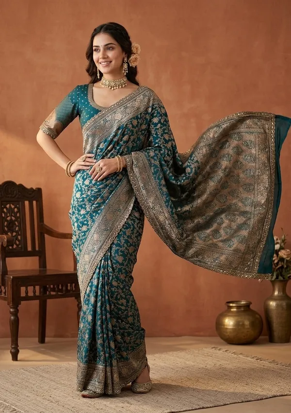 Peacock_Blue_Silk_Jaal_Sequins_Saree_With_Matching_Blouse_Piece