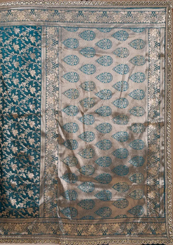 Peacock_Blue_Silk_Jaal_Sequins_Saree_With_Matching_Blouse_Piece