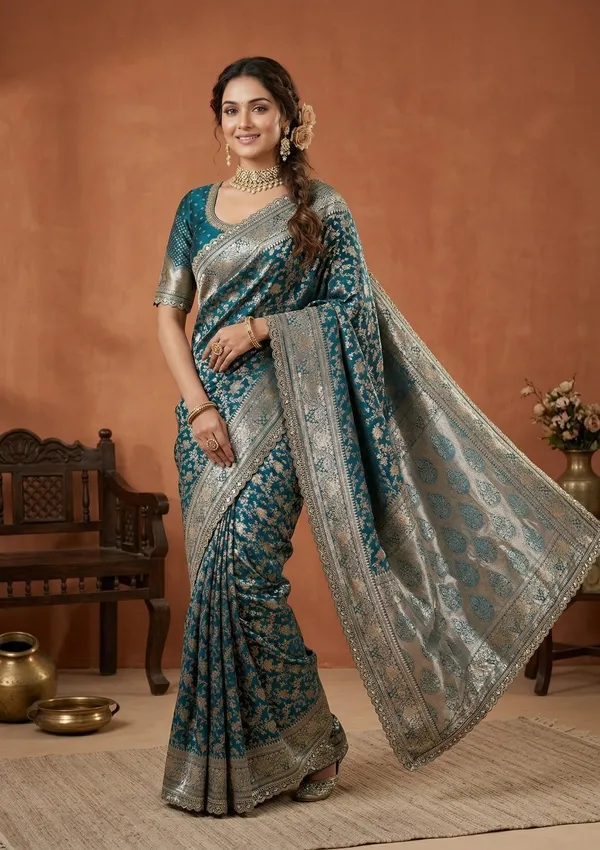 Peacock_Blue_Silk_Jaal_Sequins_Saree_With_Matching_Blouse_Piece