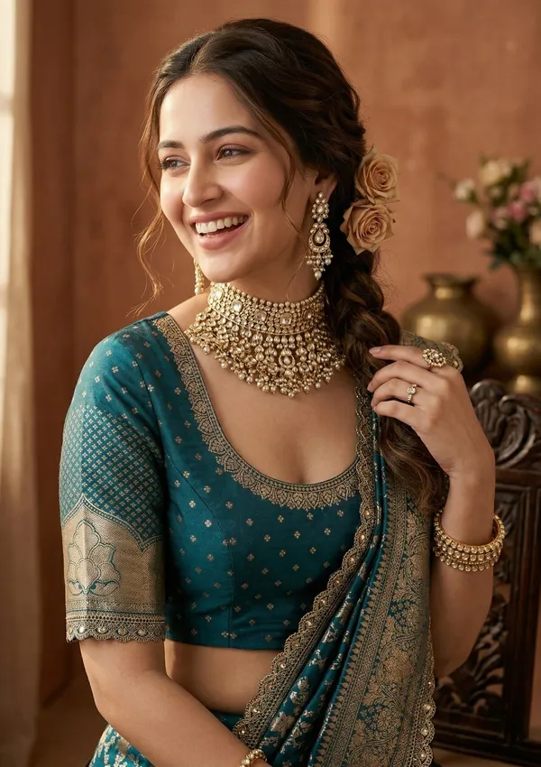 Peacock_Blue_Silk_Jaal_Sequins_Saree_With_Matching_Blouse_Piece