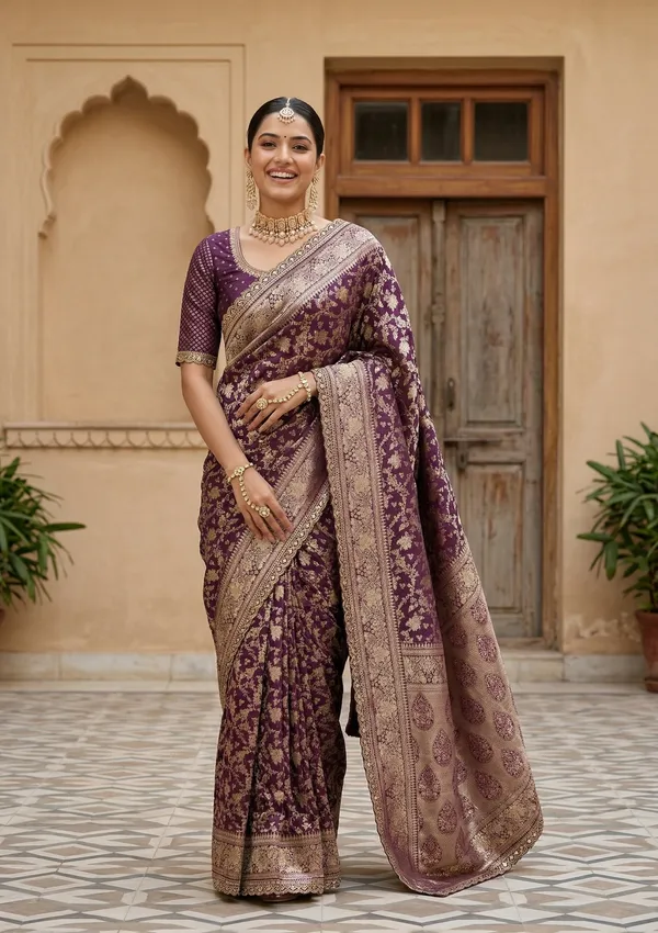 Wine_Silk_Jaal_Sequins_Saree_With_Matching_Blouse_Piece