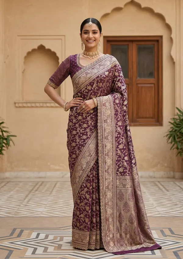 Wine_Silk_Jaal_Sequins_Saree_With_Matching_Blouse_Piece