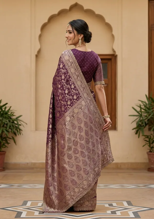 Wine_Silk_Jaal_Sequins_Saree_With_Matching_Blouse_Piece