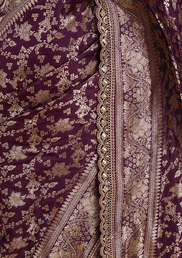 Wine_Silk_Jaal_Sequins_Saree_With_Matching_Blouse_Piece