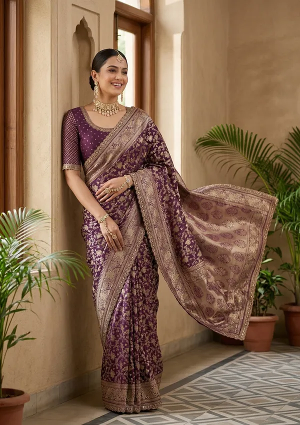 Wine_Silk_Jaal_Sequins_Saree_With_Matching_Blouse_Piece
