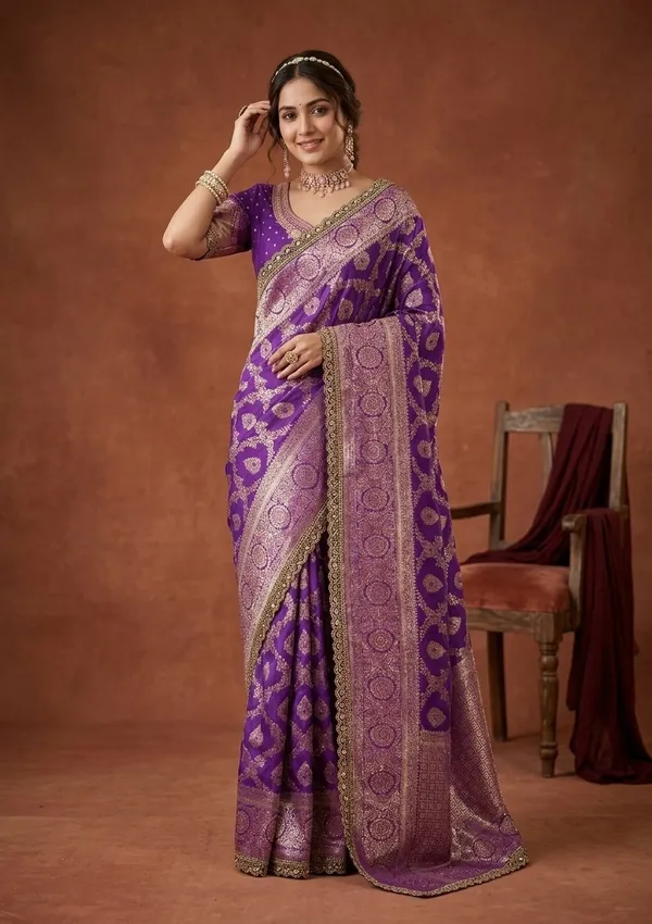 Purple_Silk_Jaal_Gold_Stonework_Saree_With_Matching_Blouse_Piece