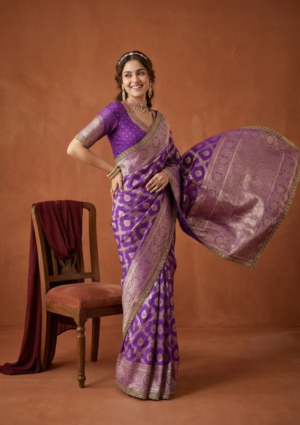 Purple_Silk_Jaal_Gold_Stonework_Saree_With_Matching_Blouse_Piece