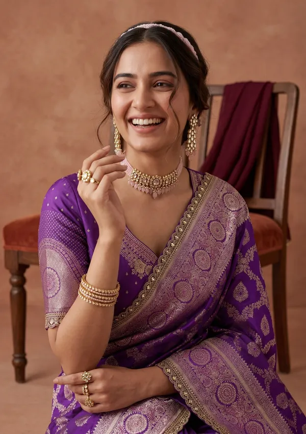Purple_Silk_Jaal_Gold_Stonework_Saree_With_Matching_Blouse_Piece