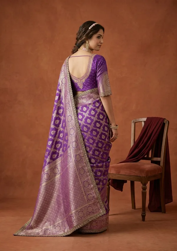 Purple_Silk_Jaal_Gold_Stonework_Saree_With_Matching_Blouse_Piece