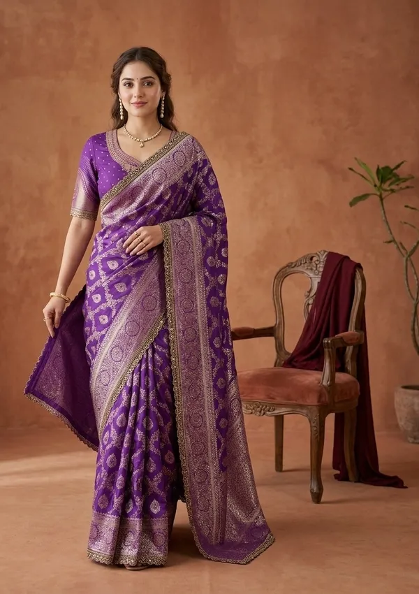 Purple_Silk_Jaal_Gold_Stonework_Saree_With_Matching_Blouse_Piece