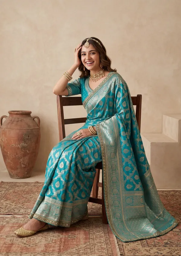 Rama_Green_Silk_Jaal_Gold_Stonework_Saree_With_Matching_Blouse_Piece