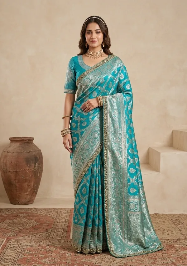Rama_Green_Silk_Jaal_Gold_Stonework_Saree_With_Matching_Blouse_Piece