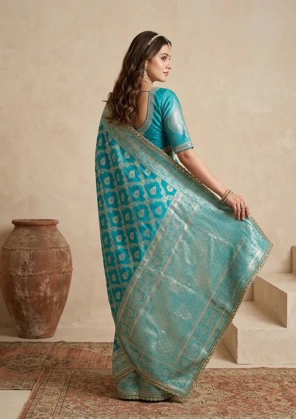 Rama_Green_Silk_Jaal_Gold_Stonework_Saree_With_Matching_Blouse_Piece