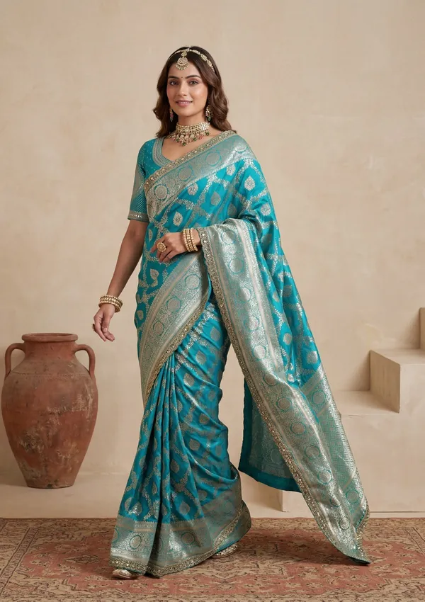 Rama_Green_Silk_Jaal_Gold_Stonework_Saree_With_Matching_Blouse_Piece