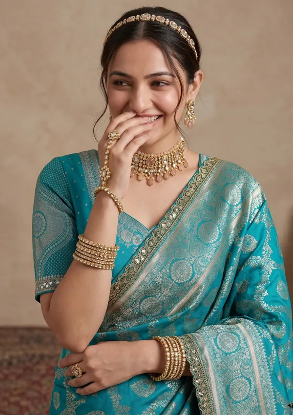 Rama_Green_Silk_Jaal_Gold_Stonework_Saree_With_Matching_Blouse_Piece
