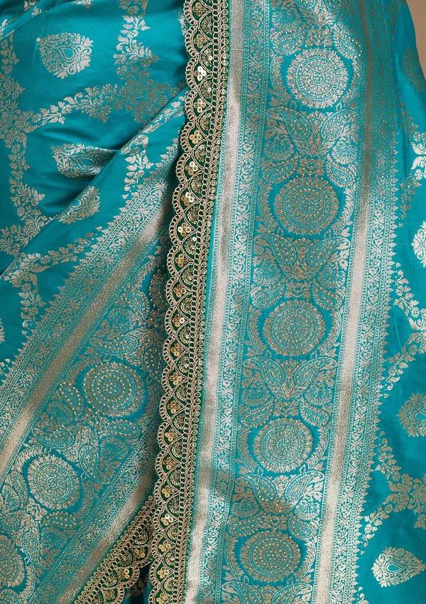Rama_Green_Silk_Jaal_Gold_Stonework_Saree_With_Matching_Blouse_Piece