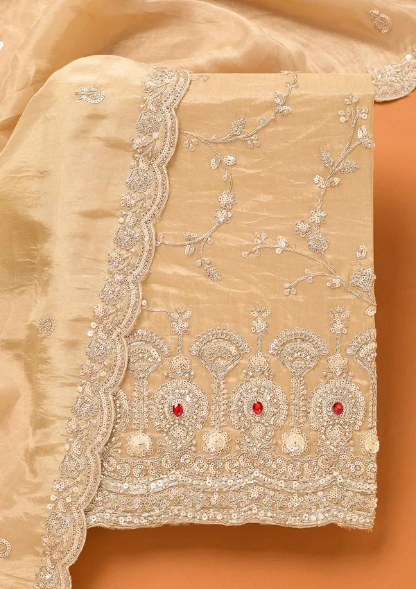 Beige_Tissue_Cutdana_Unstitched_Dress_Material_With_Matching_Bottom_And_Dupatta