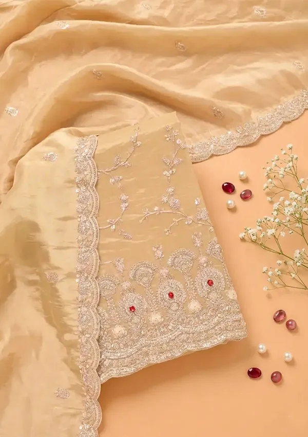 Beige_Tissue_Cutdana_Unstitched_Dress_Material_With_Matching_Bottom_And_Dupatta