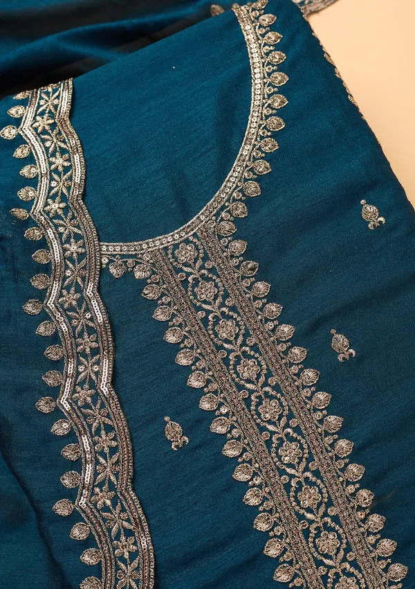 Peacock_Blue_Georgette_Gold_Zariwork_Unstitched_Dress_Material_With_Matching_Bottom_And_Dupatta