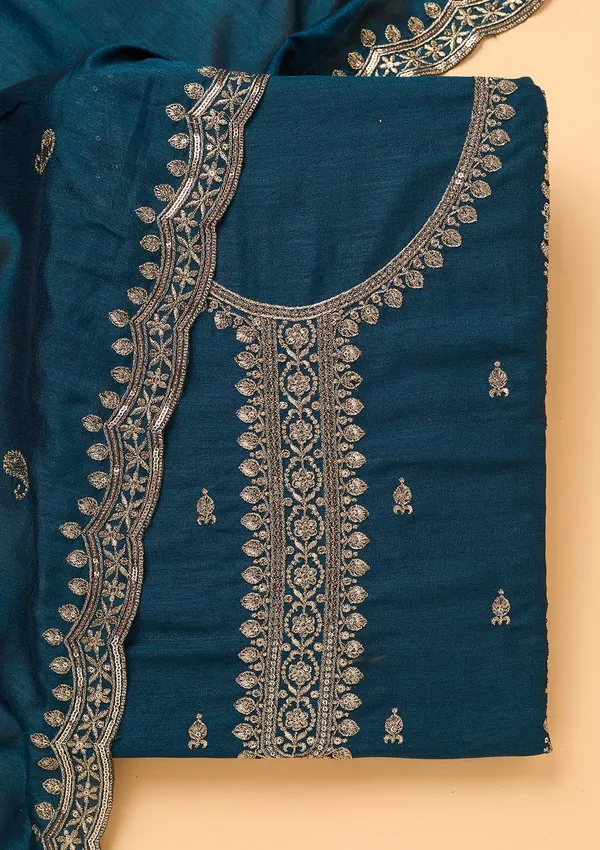 Peacock_Blue_Georgette_Gold_Zariwork_Unstitched_Dress_Material_With_Matching_Bottom_And_Dupatta
