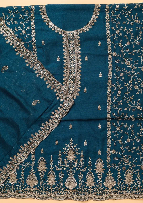 Peacock_Blue_Georgette_Gold_Zariwork_Unstitched_Dress_Material_With_Matching_Bottom_And_Dupatta