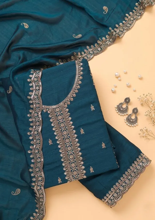 Peacock_Blue_Georgette_Gold_Zariwork_Unstitched_Dress_Material_With_Matching_Bottom_And_Dupatta