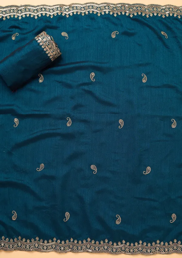 Peacock_Blue_Georgette_Gold_Zariwork_Unstitched_Dress_Material_With_Matching_Bottom_And_Dupatta