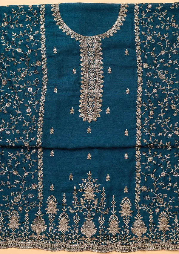 Peacock_Blue_Georgette_Gold_Zariwork_Unstitched_Dress_Material_With_Matching_Bottom_And_Dupatta